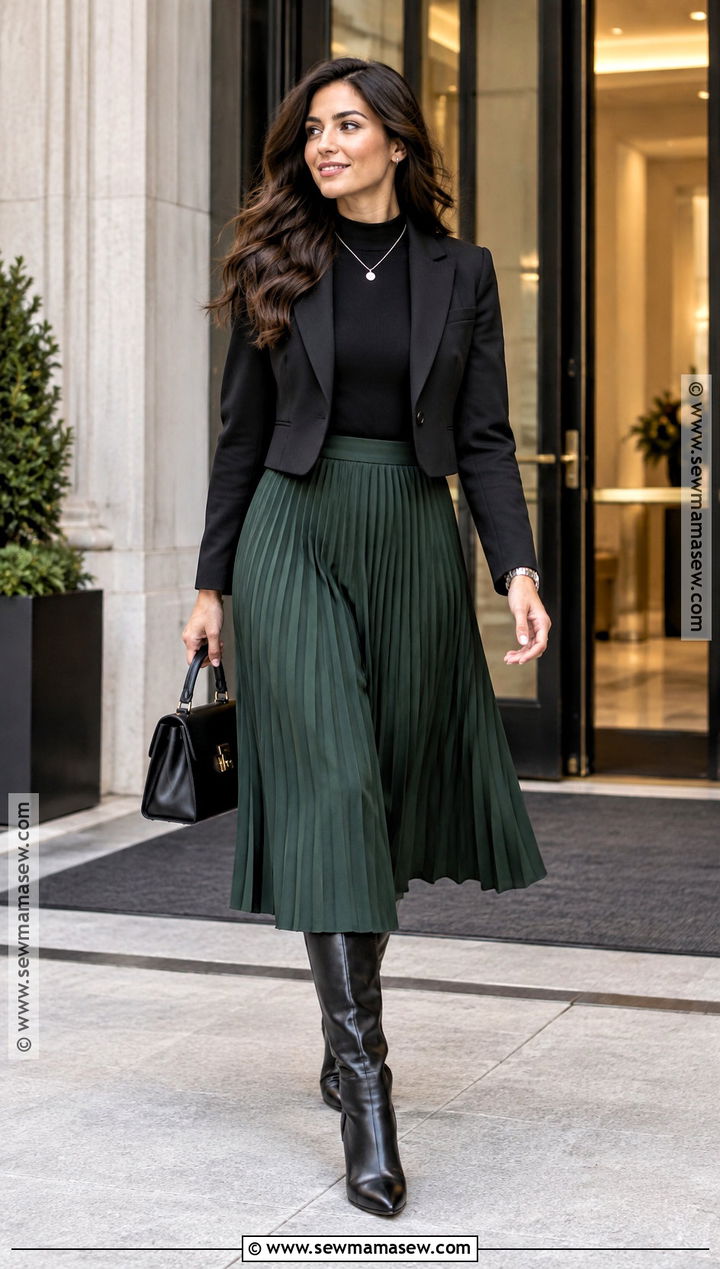 Fall Business Casual Midi Skirt Outfit With Knee High Boots - 20 Fall Business Casual Outfits For Women Work Shoes