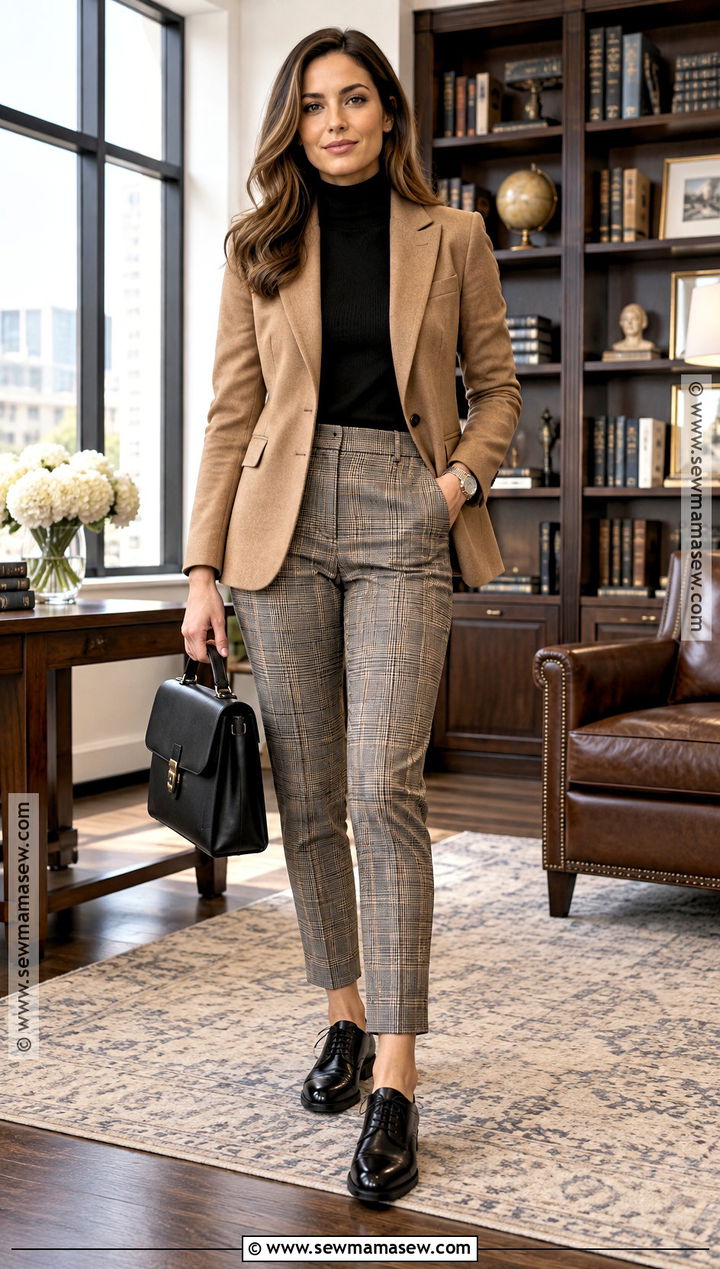Fall Business Casual Plaid Pants Outfit With Oxfords - 20 Fall Business Casual Outfits For Women Work Shoes