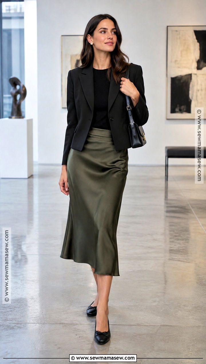 Fall Business Casual Satin Skirt Outfit With Ballet Flats - 20 Fall Business Casual Outfits For Women Work Shoes