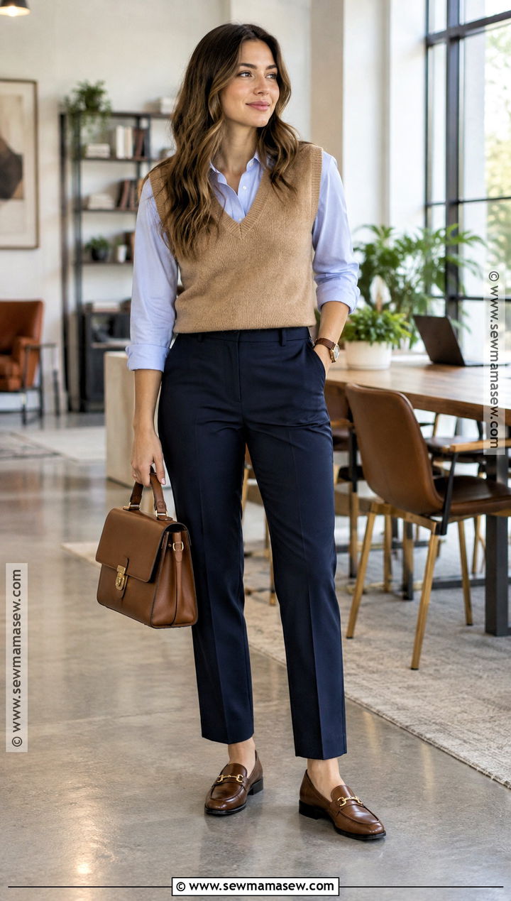 Fall Business Casual Sweater Vest and Button Down Shirt - 25 Fall Business Casual Outfits for Women