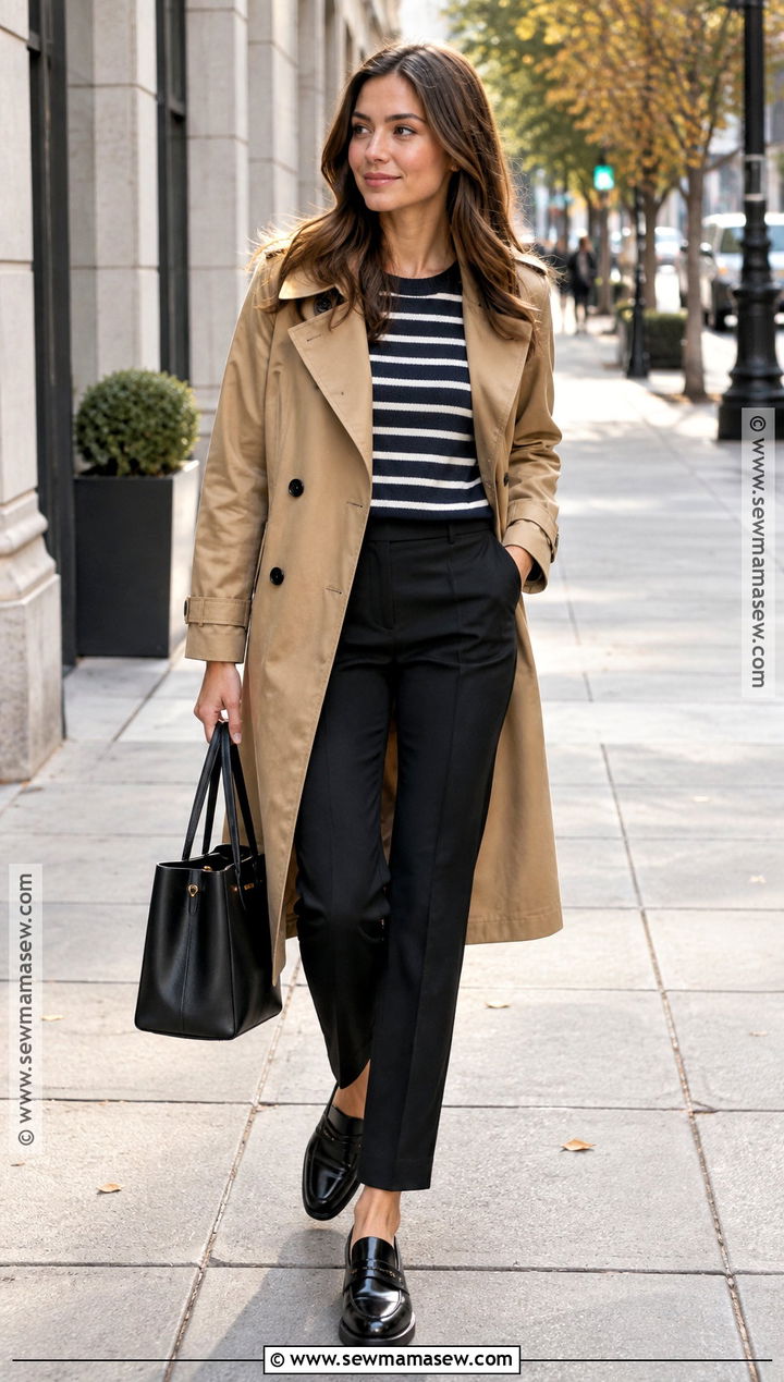 Fall Business Casual Trench Coat and Black Trousers - 25 Fall Business Casual Outfits for Women