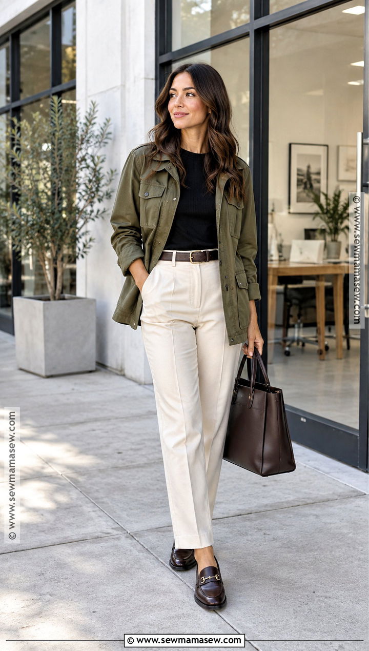 Fall Business Casual Utility Jacket and Tailored Trousers - 25 Fall Business Casual Outfits for Women