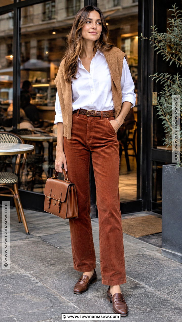 Fall Button Down Shirt and Corduroy Pants Outfit - 20 Fall Staple Wardrobe Ideas