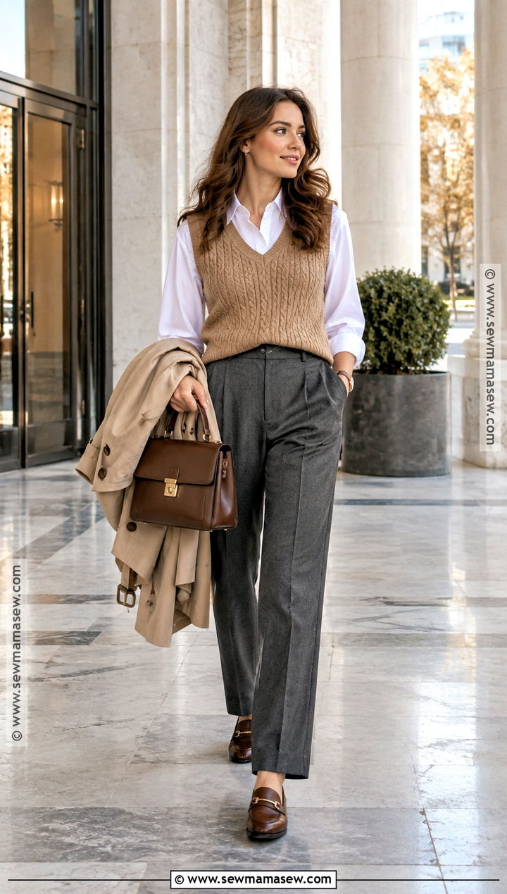 Fall Button Up Shirt With A Sweater Vest And Trousers - 25 womens fall fashion ideas