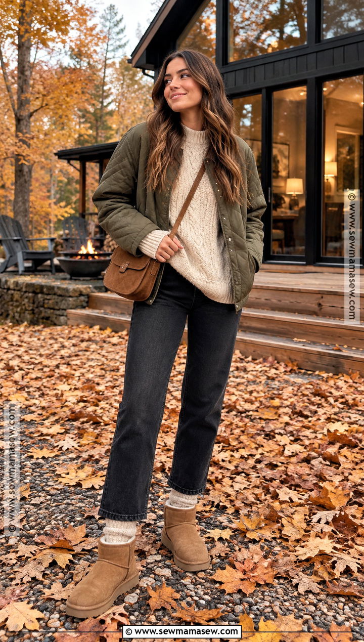 Fall Cabin Outfit With Cable Knit Sweater - 20 Vacation Fall Outfits