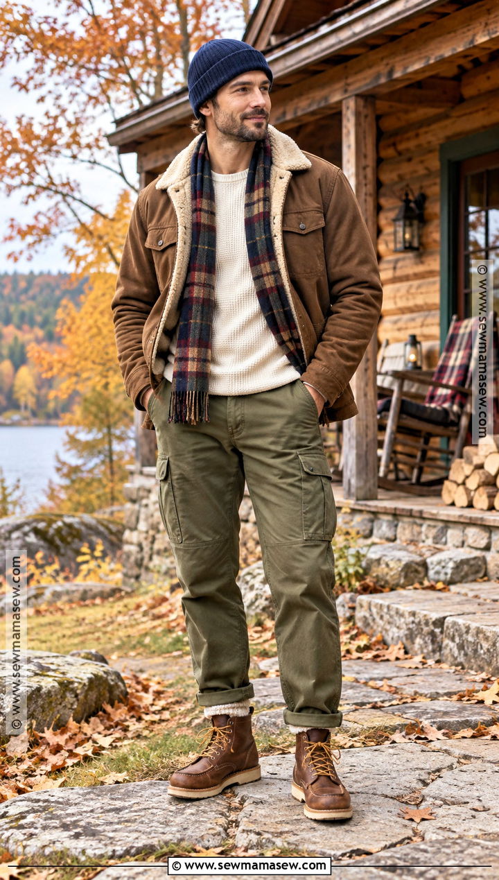 Fall Cabin Outfit With Sherpa Jacket and Cargo Pants - 15 mens fall outdoor outfits