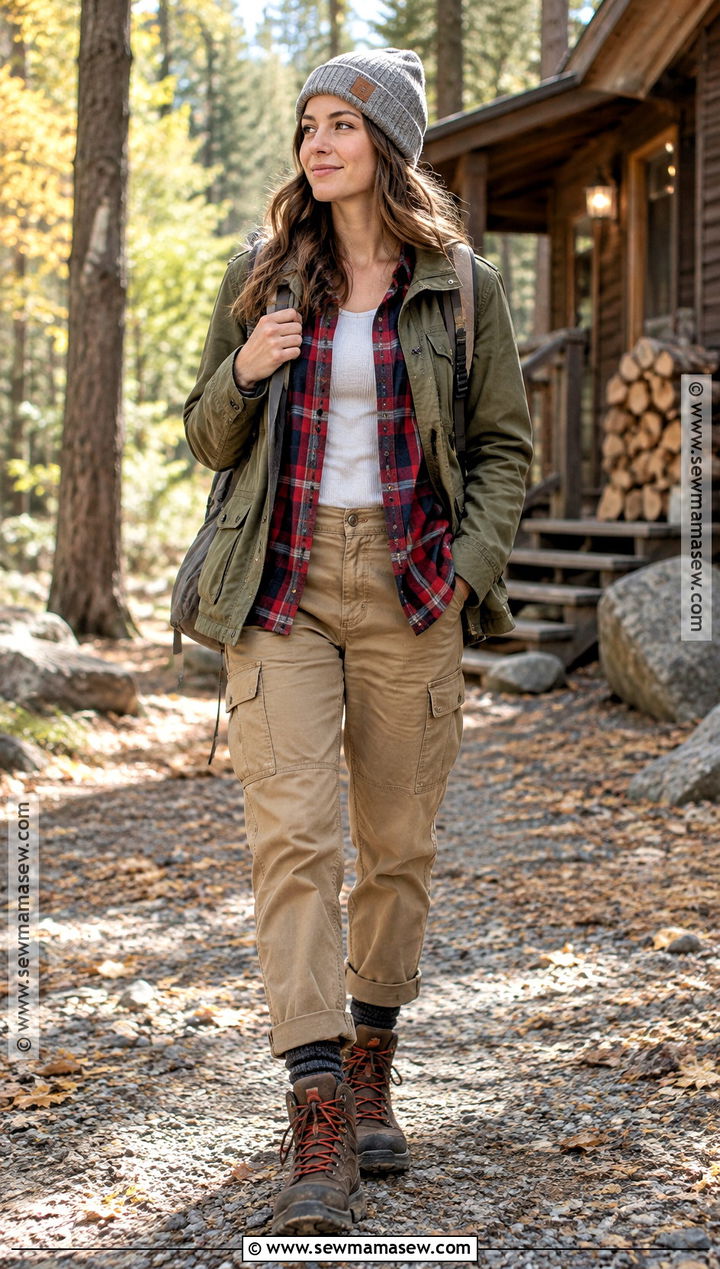 Fall Cabin Travel Outfit With Utility Pants and a Flannel Shirt - 20 travel outfits fall