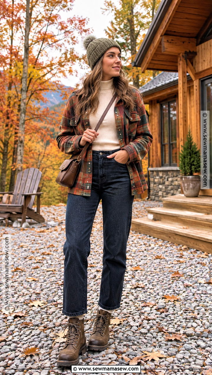 Fall Cabin Trip Outfit With Plaid Overshirt And Dark Jeans - 20 Fall Trip Outfits