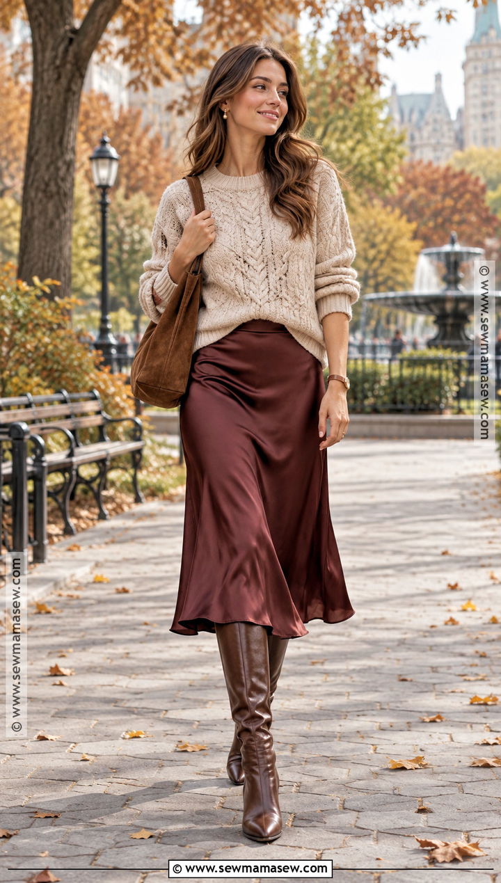 Fall Cable Knit Sweater Outfit With A Satin Skirt - 20 fall outfits trendy