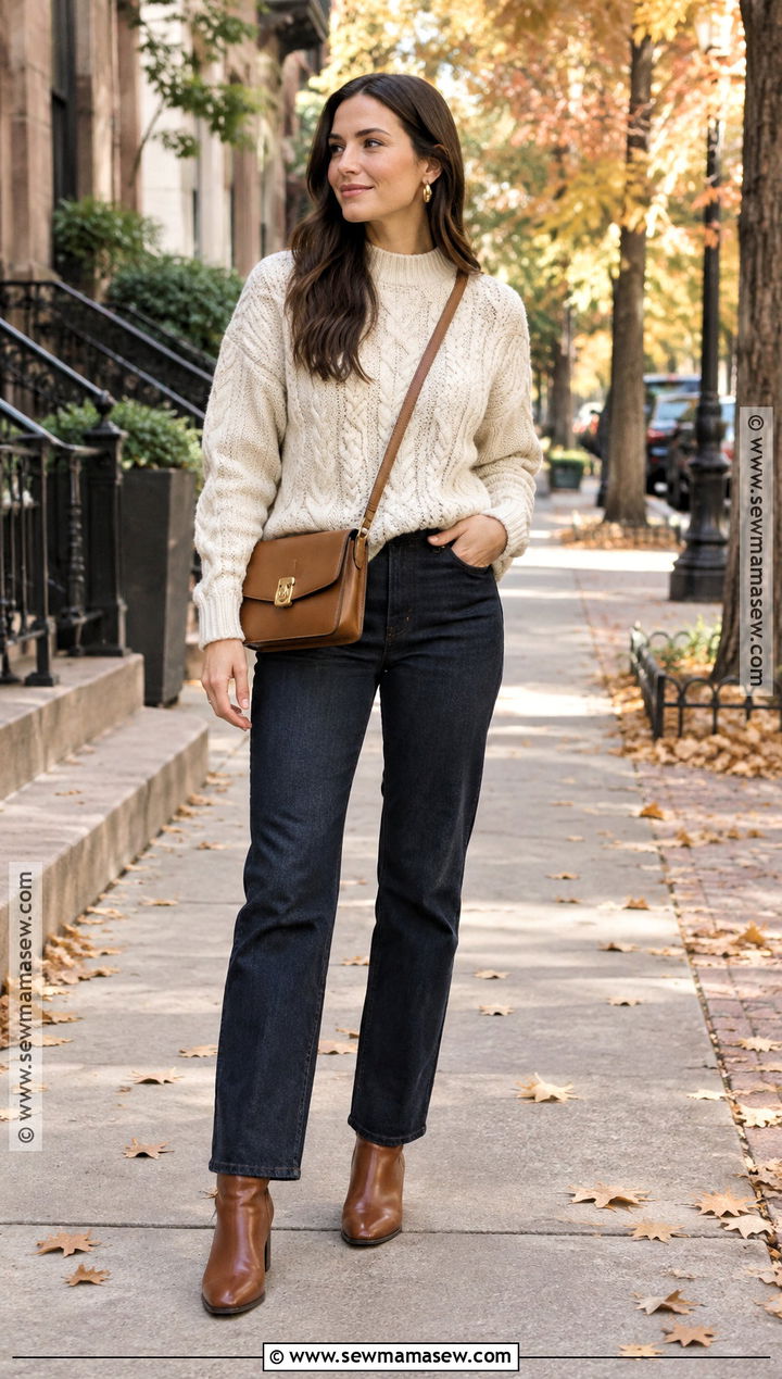 Fall Cable Knit Sweater With Straight Leg Jeans - 15 fall sweater outfit ideas