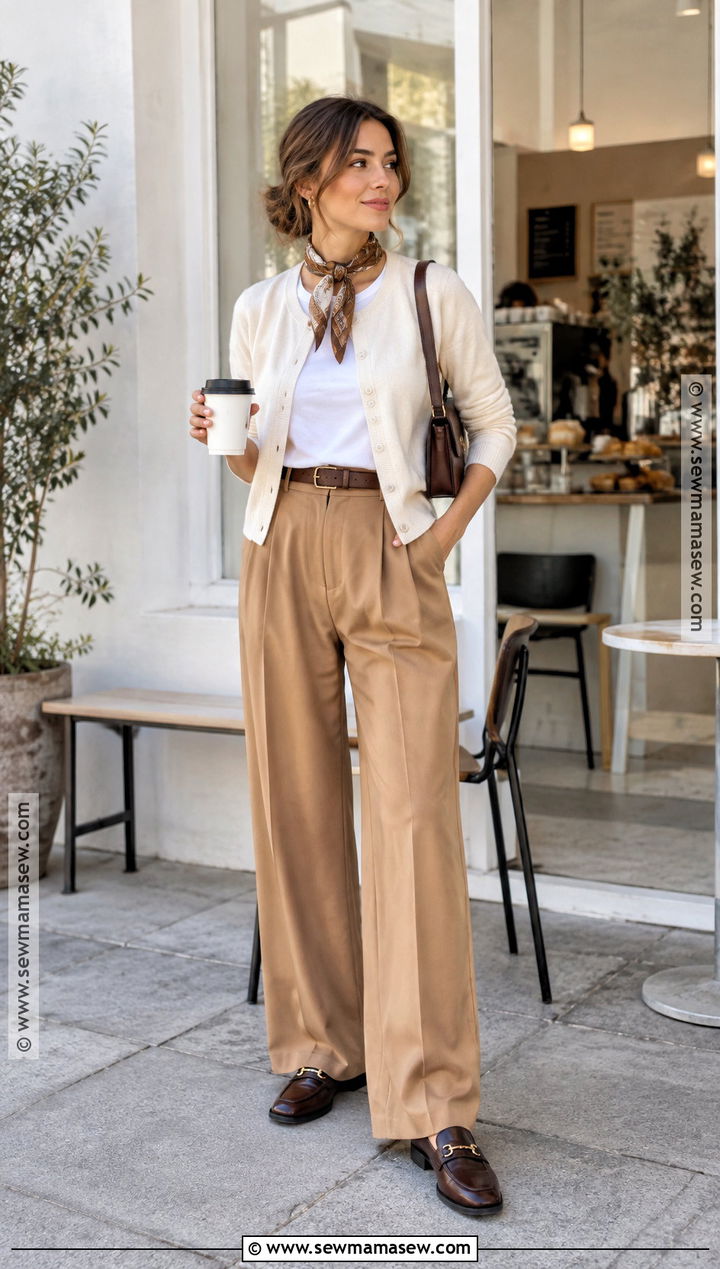 Fall Cafe Outfit With Cardigan And Trousers - 15 10 Days Travel Outfits Fall