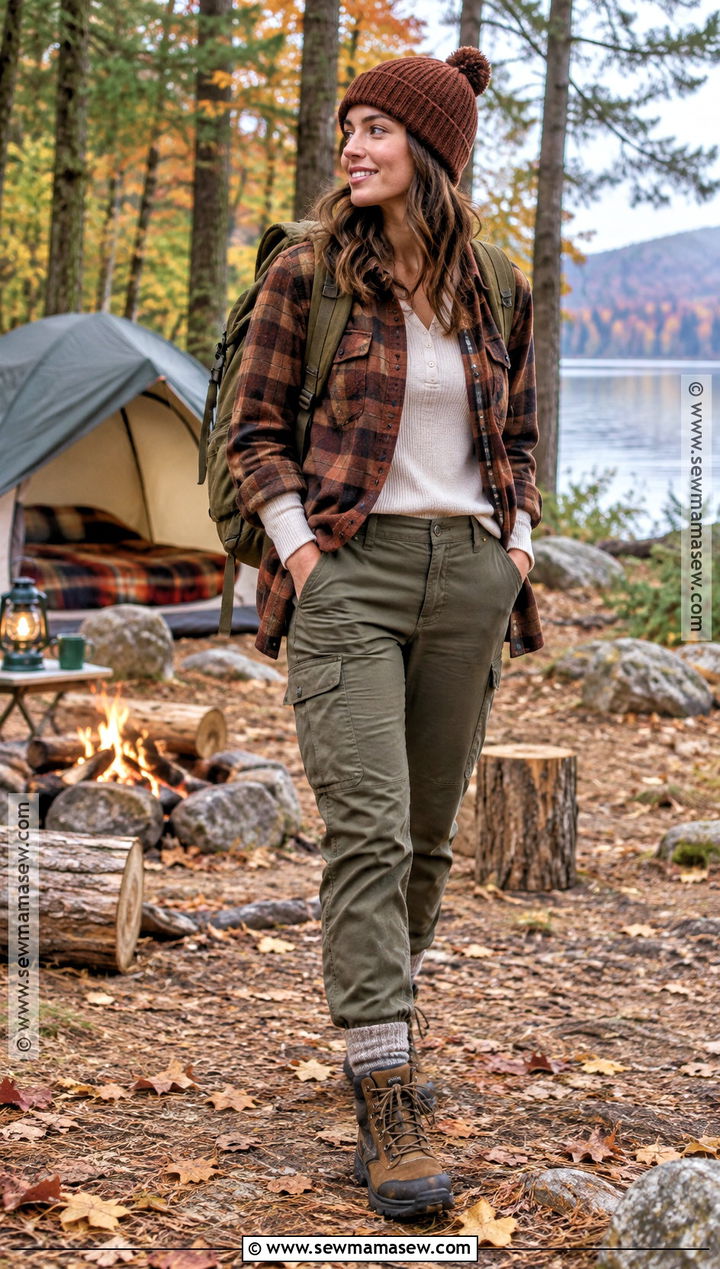 Fall Camping Outfit With Flannel and Hiking Pants - 20 fall outdoorsy outfits