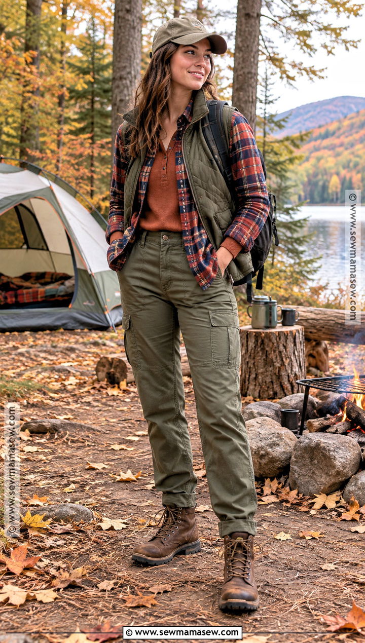 Fall Camping Outfit With Flannel and Utility Pants - 15 outdoor outfits for women fall