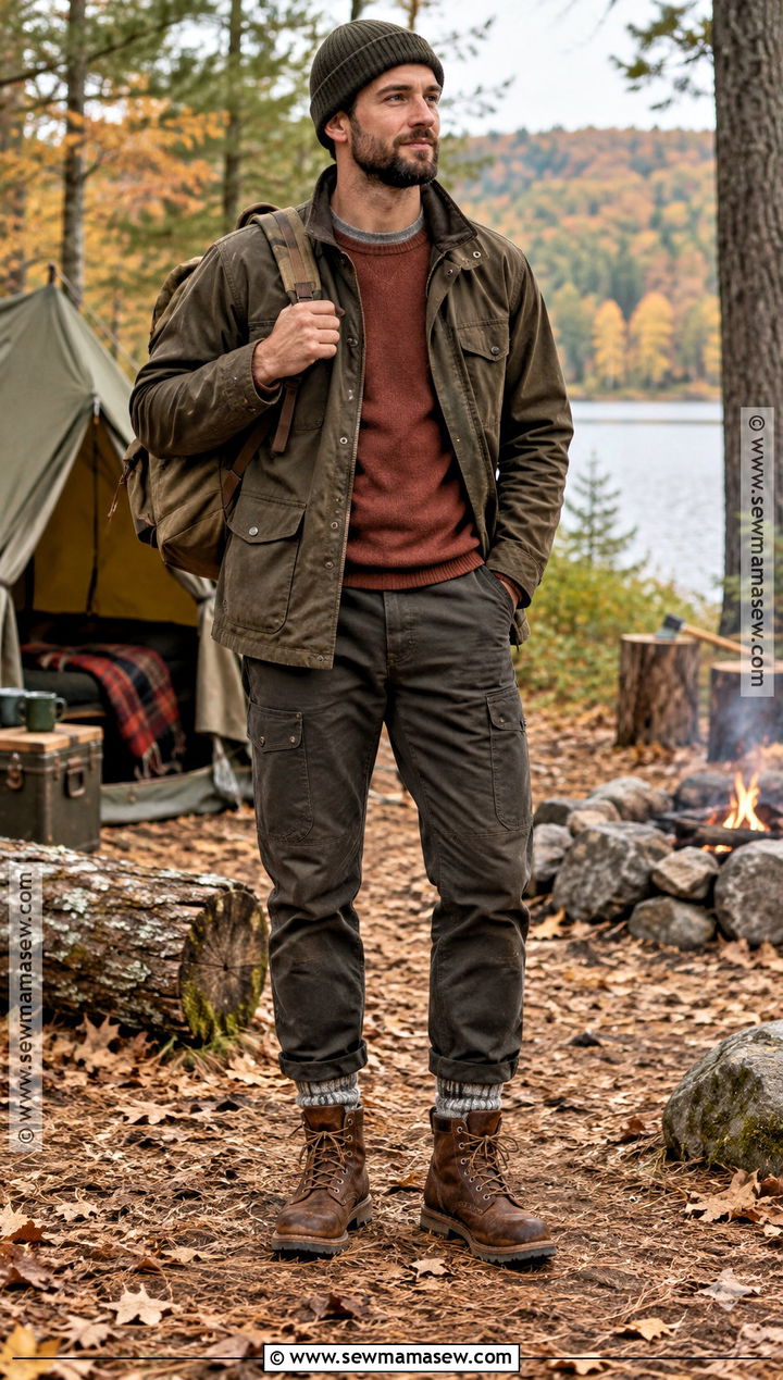 Fall Camping Outfit With Waxed Jacket and Work Boots - 15 mens fall outdoor outfits