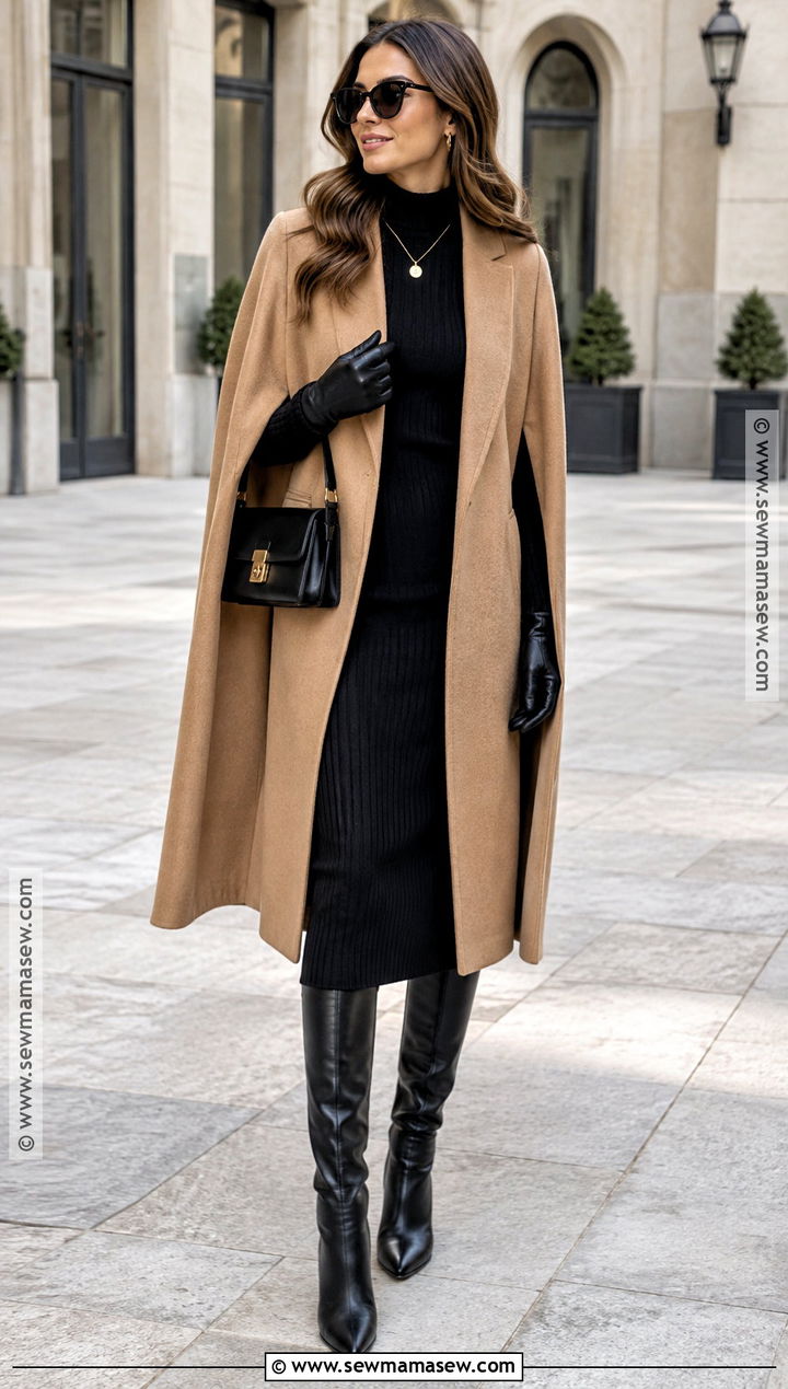 Fall Cape Coat And Knee High Boots - 15 Fall Outfits High Fashion