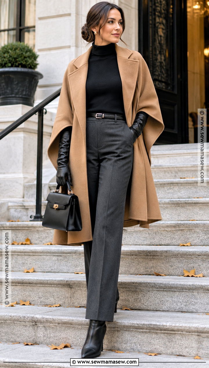 Fall Cape Outfit With Tailored Trousers - 20 fall aesthetic fashion ideas