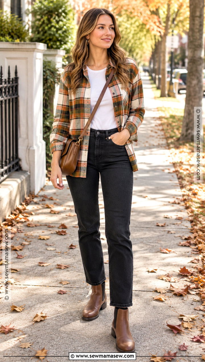 Fall Capsule Outfit With a Flannel Shirt and Black Jeans - 15 simple fall capsule wardrobe ideas
