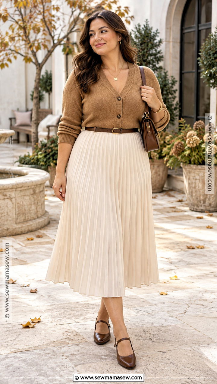 Fall Cardigan And Pleated Midi Skirt Outfit - 25 fall vibes outfit ideas