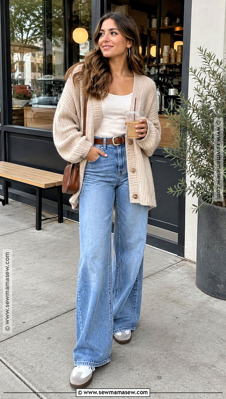 Fall Cardigan And Wide Leg Jeans Outfit - 25 fall ootd ideas