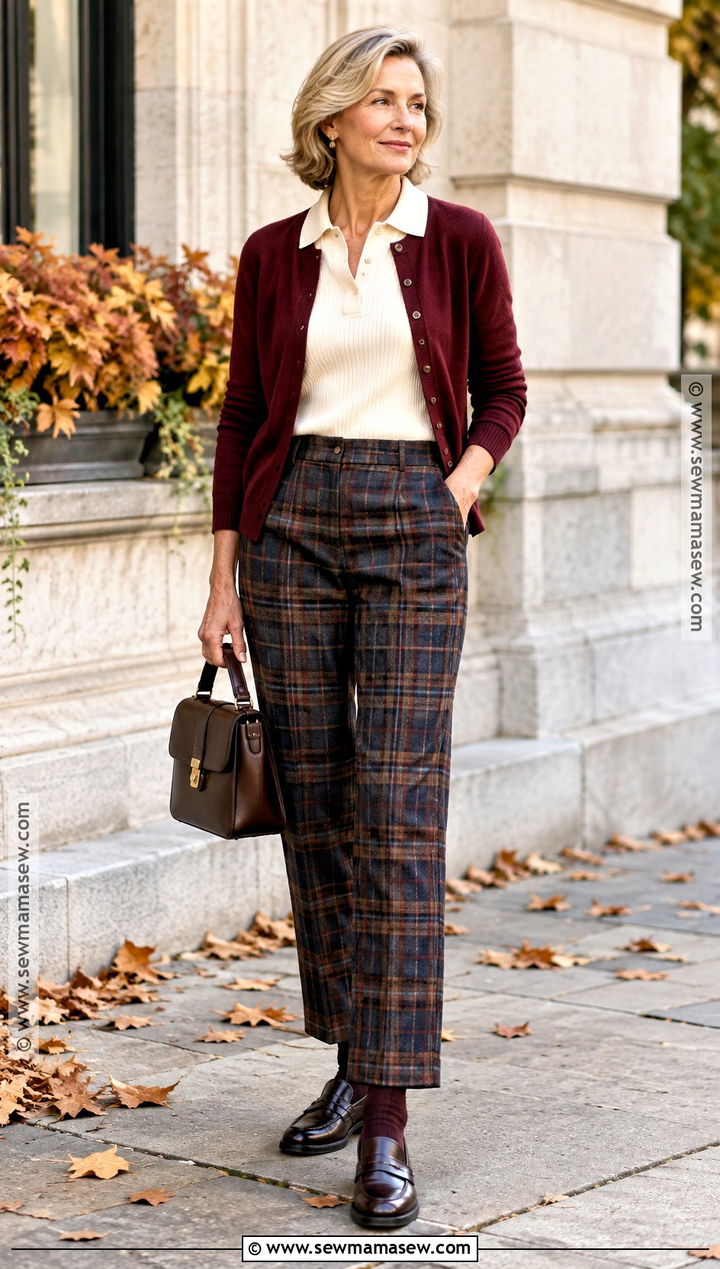 Fall Cardigan Outfit With Plaid Trousers - 15 layering for fall weather ideas