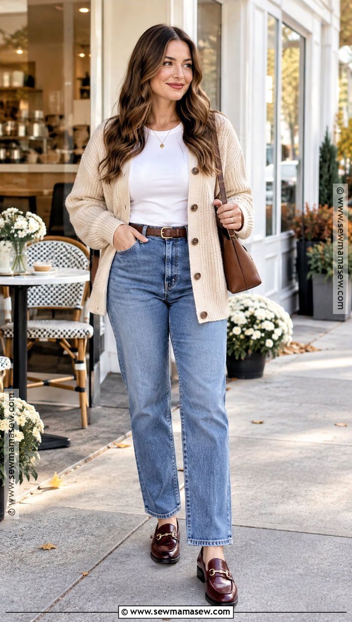 Fall Cardigan Outfit With Straight Leg Jeans - 15 Capsule Fall Outfits