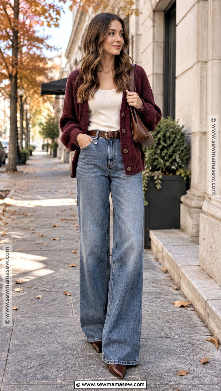 Fall Cardigan Outfit With Wide Leg Jeans - 20 Fall Wear Ideas for Women