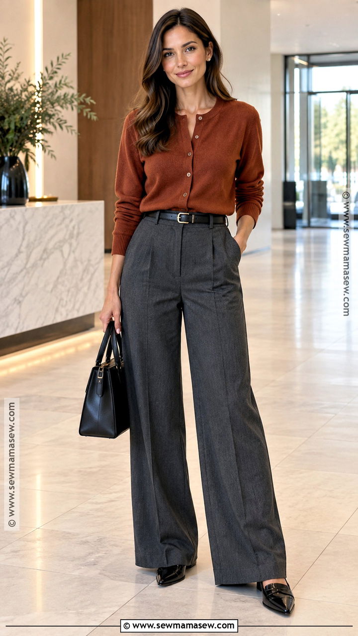 Fall Cardigan Outfit With Wide Leg Trousers - 20 Dressy Casual Outfits Fall