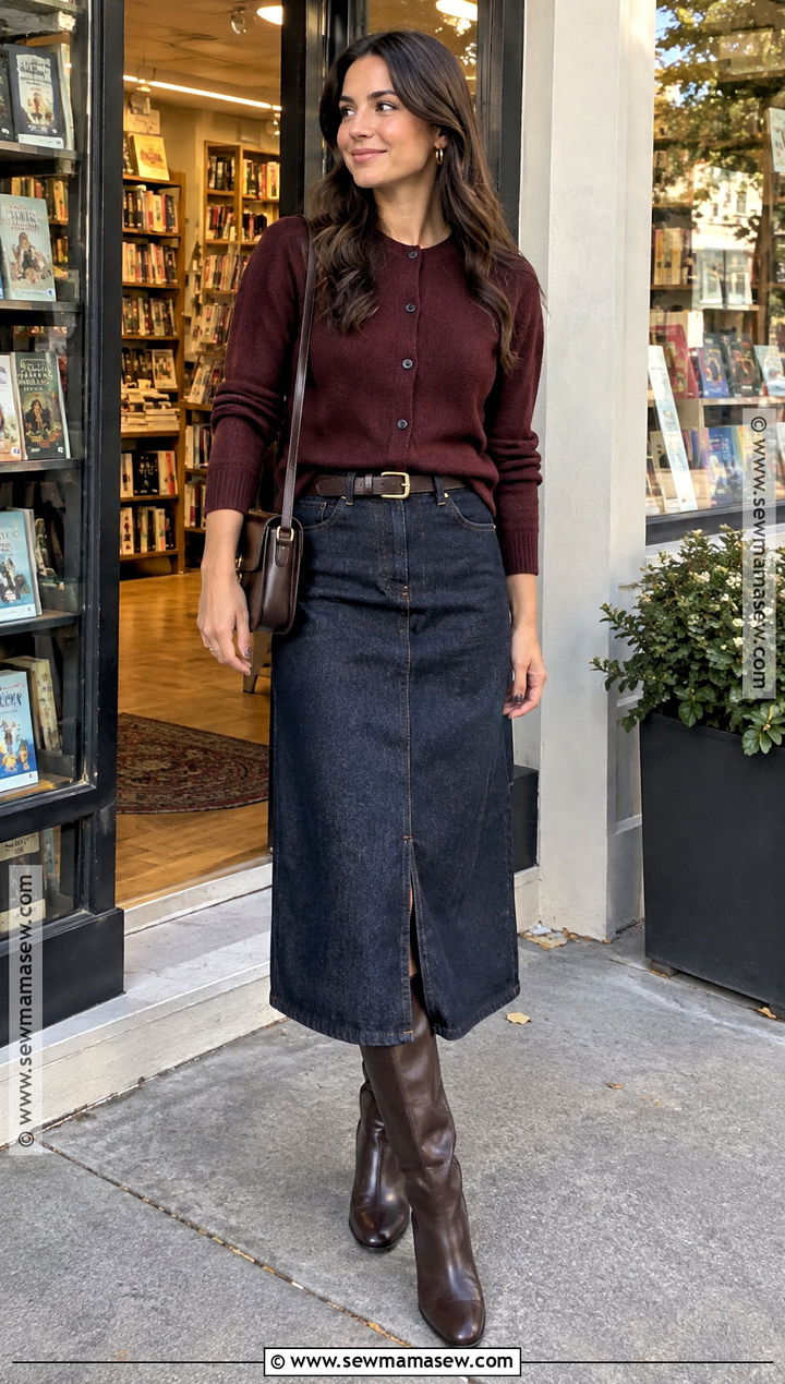 Fall Cardigan Sweater With Denim Skirt - 20 fall knit sweater ideas