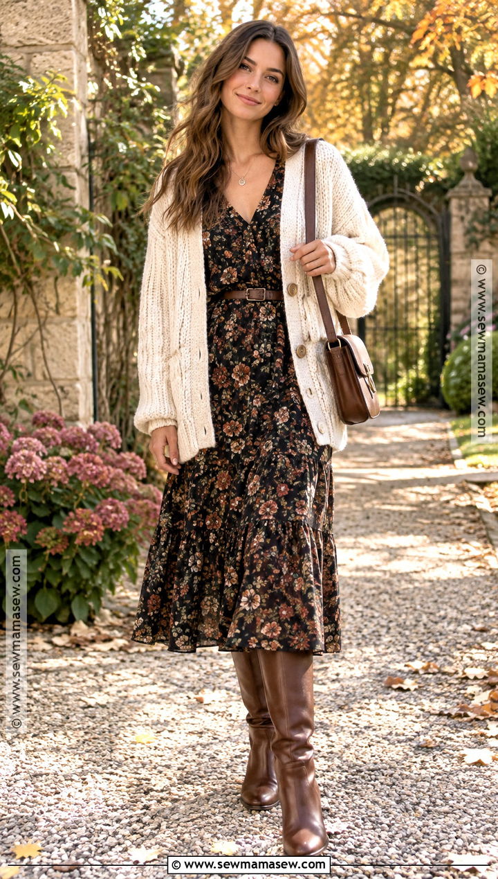 Fall Cardigan With Floral Dress And Tall Boots - 30 cute fall outfits