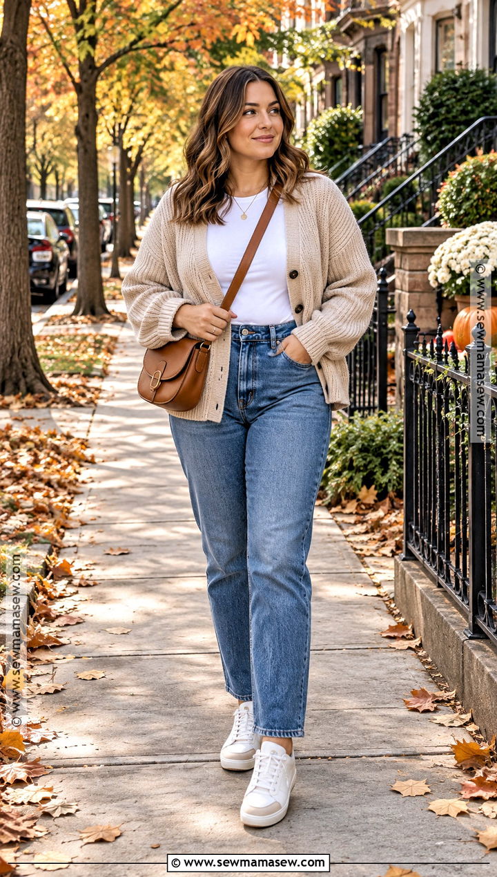 Fall Cardigan With Straight Leg Jeans And Sneakers - 30 cute fall outfits