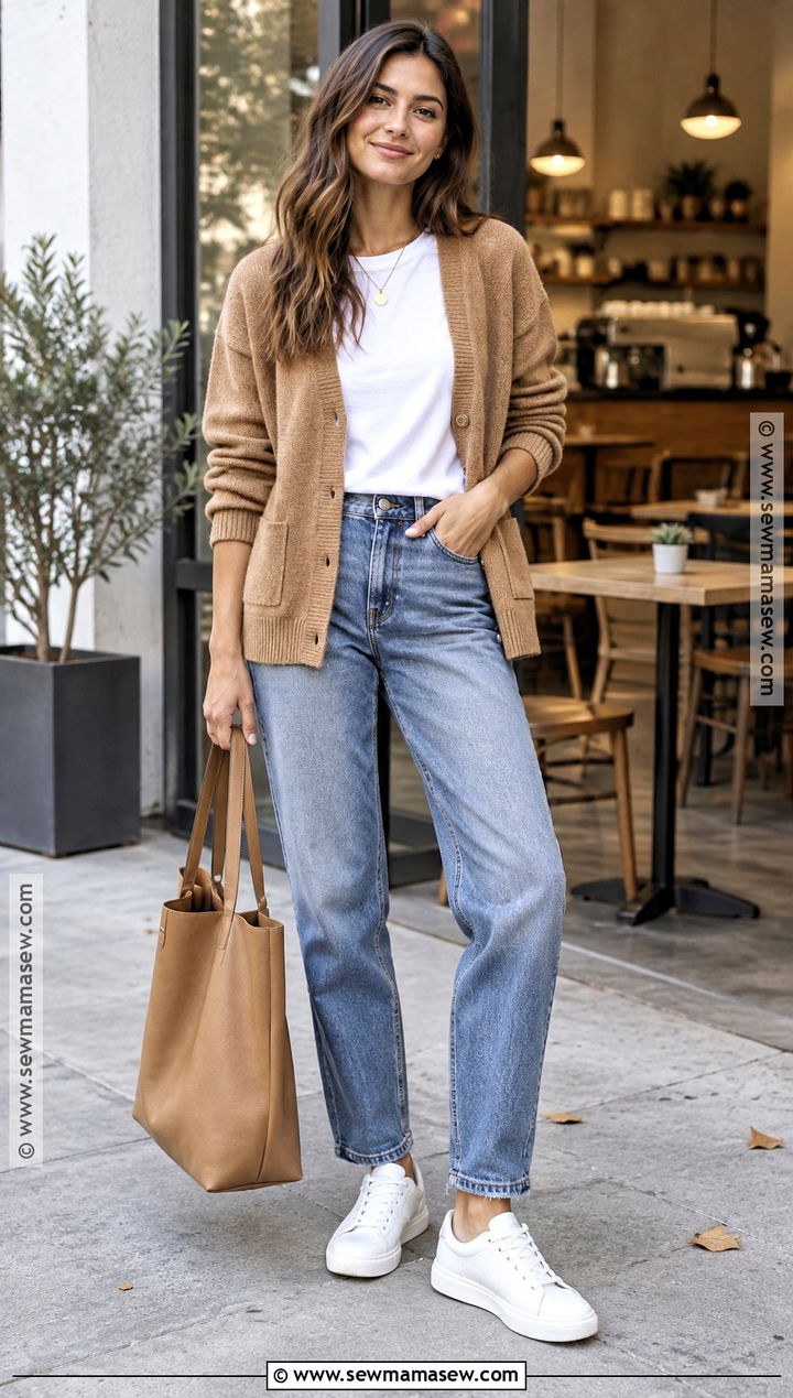 Fall Cardigan With T Shirt And Relaxed Jeans - 15 fall sweater outfit ideas