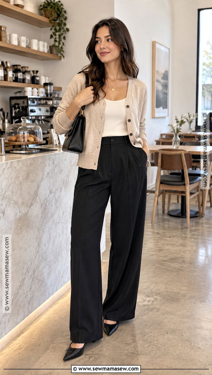 Fall Cardigan and Black Trousers Outfit - 20 Fall Staple Wardrobe Ideas