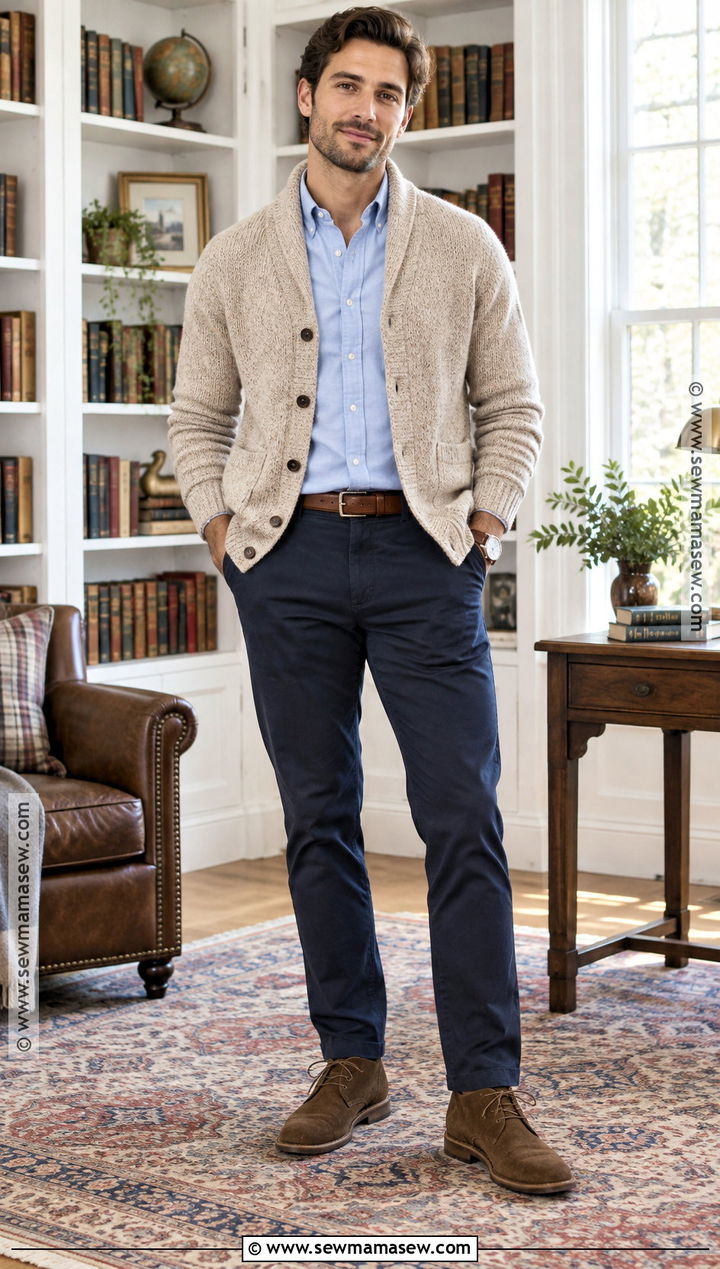 Fall Cardigan and Oxford Shirt Outfit - 20 fall male outfits