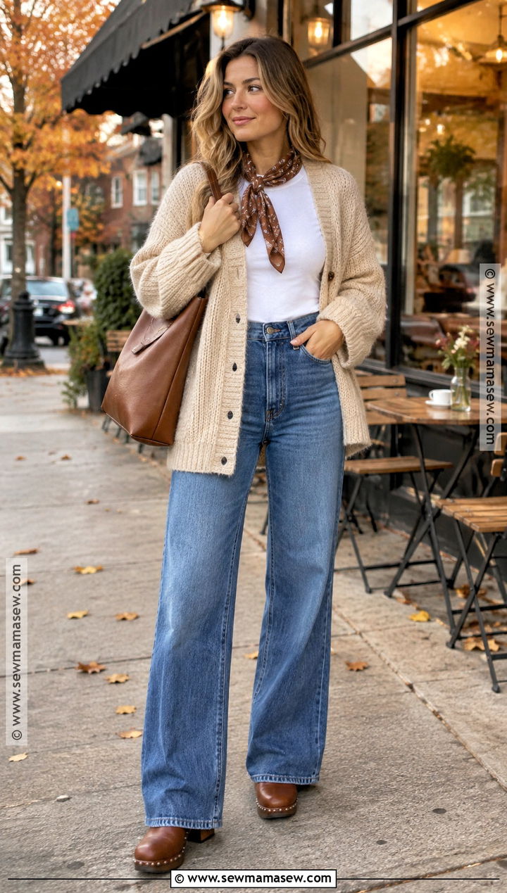 Fall Cardigan and Wide Leg Jeans Outfit - 20 Fall Outdoor Outfits for Women