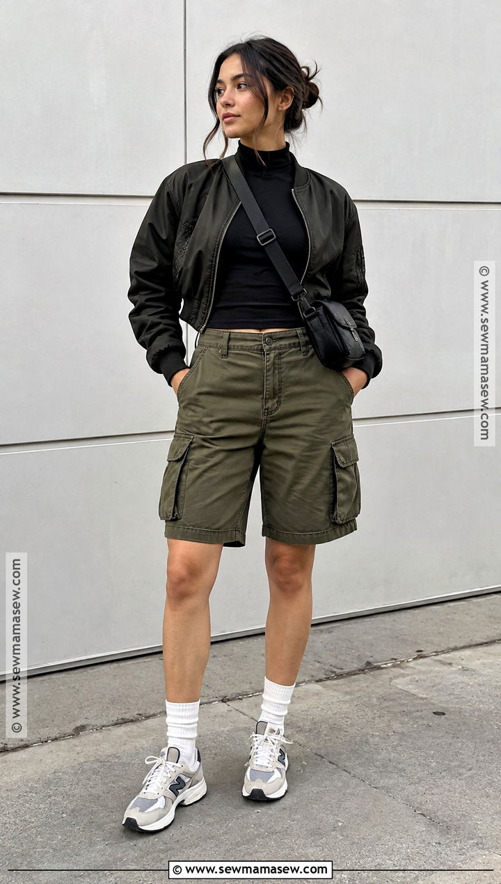 Fall Cargo Shorts With Bomber Jacket And Sneakers - 20 Fall Outfit Shorts Ideas
