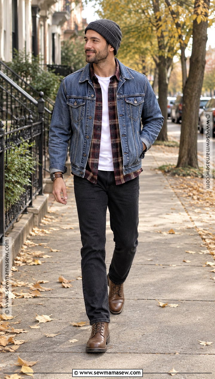 Fall Casual Outdoor Outfit With Denim Jacket and Black Jeans - 15 mens fall outdoor outfits