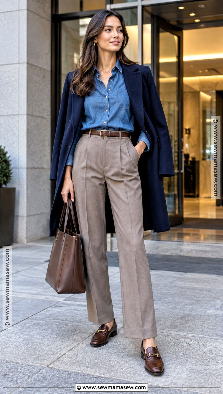 Fall City Outfit With Denim Shirt And Tailored Pants - 20 city outfits fall
