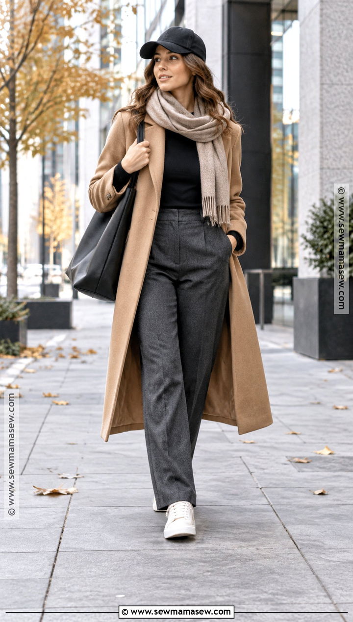 Fall City Outfit With Long Wool Coat And Sneakers - 20 city outfits fall