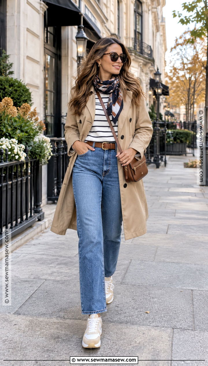 Fall City Travel Outfit With Straight Jeans and a Trench Coat - 20 travel outfits fall