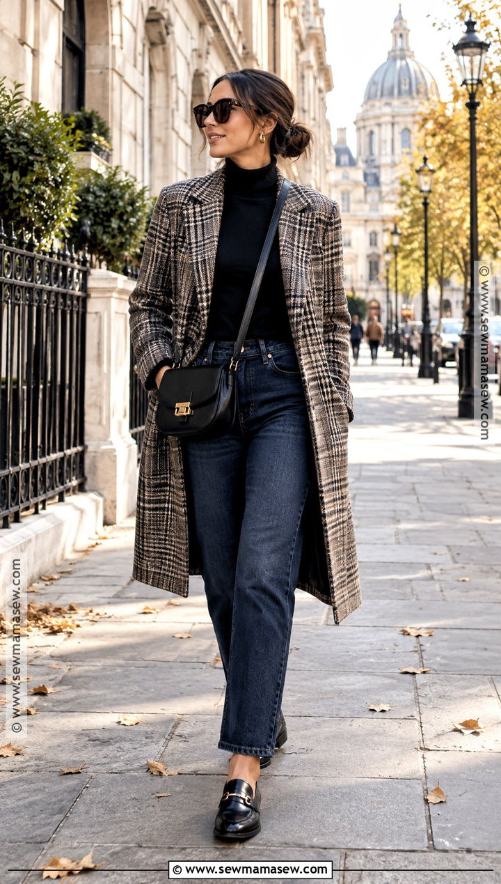 Fall City Walk Outfit With Plaid Coat And Dark Jeans - 20 fall vacation outfits casual