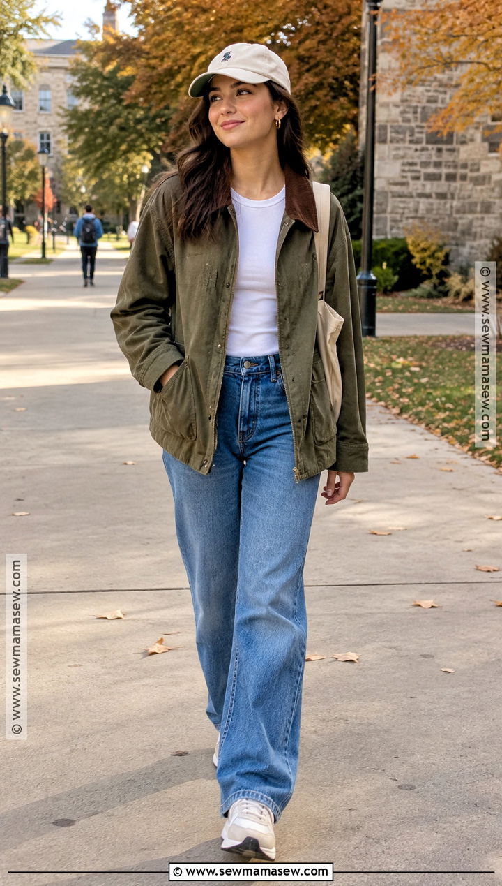 Fall Class Outfit With Barn Jacket And Blue Jeans - 20 Fall Class Outfits College