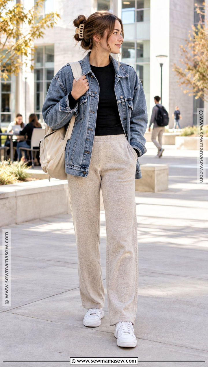 Fall Class Outfit With Denim Jacket And Knit Pants - 20 Fall Class Outfits College