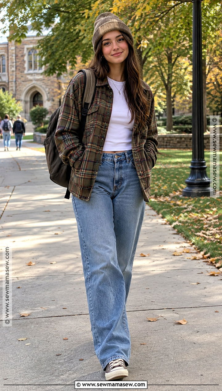 Fall Class Outfit With Flannel Shirt And Loose Jeans - 20 Fall Class Outfits College