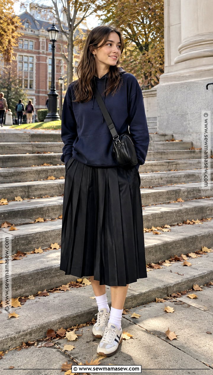 Fall Class Outfit With Hoodie And Pleated Midi Skirt - 20 Fall Class Outfits College