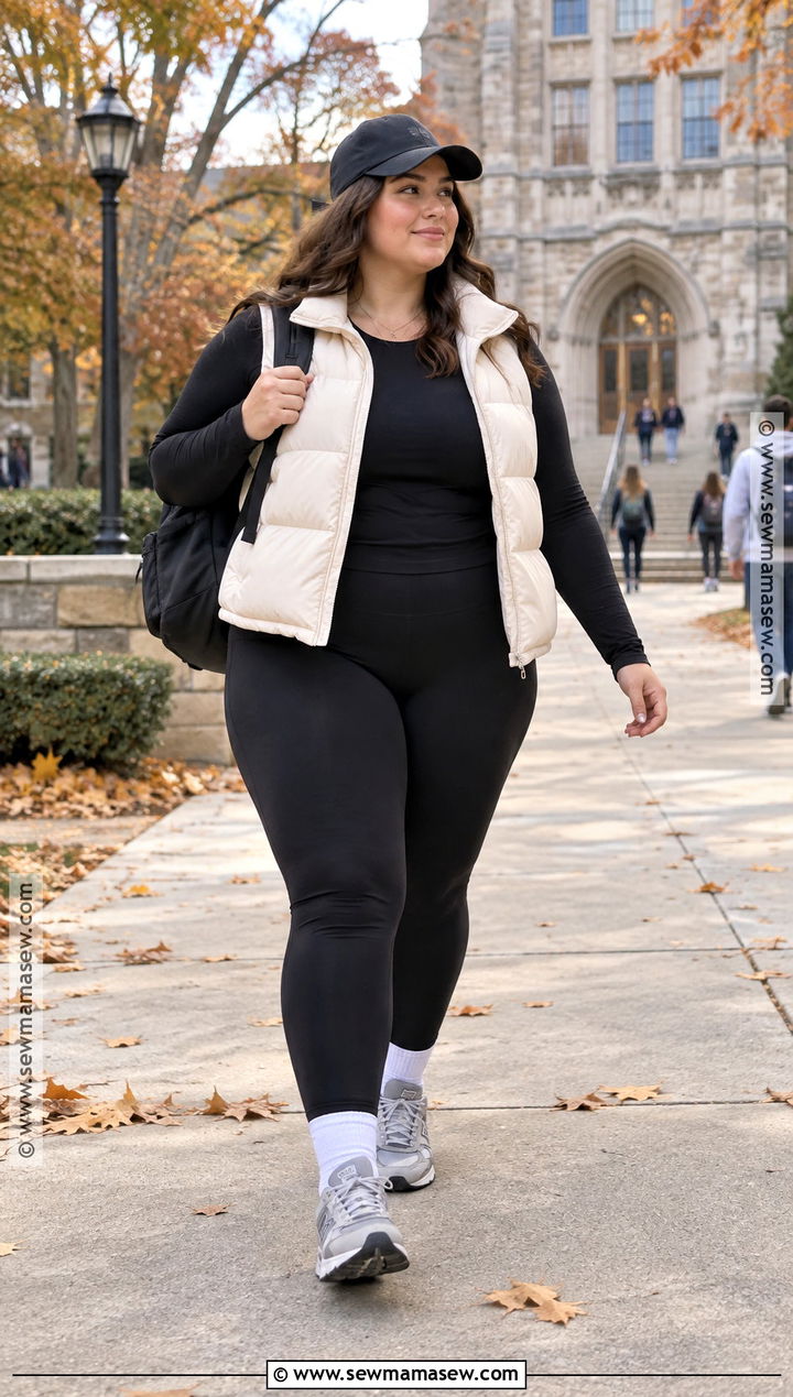Fall Class Outfit With Puffer Vest And Black Leggings - 20 Fall Class Outfits College