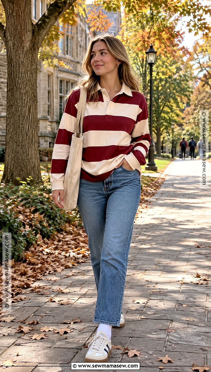 Fall Class Outfit With Rugby Shirt And Straight Jeans - 20 Fall Class Outfits College