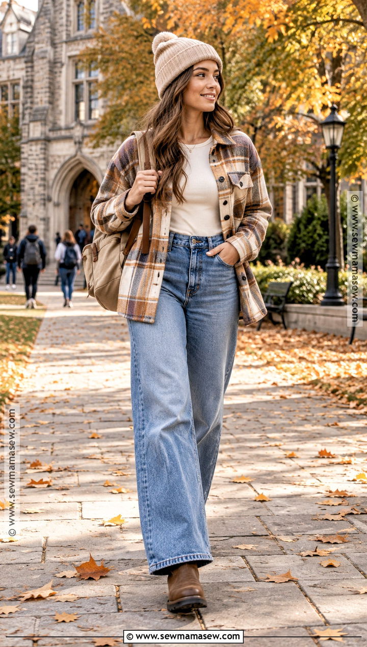 Fall Class Outfit With Shacket And Wide Leg Jeans - 20 Fall Class Outfits College