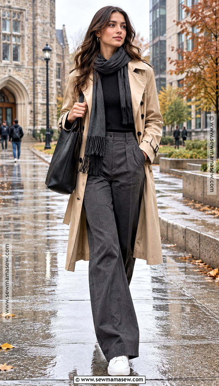 Fall Class Outfit With Trench Coat And Wide Leg Trousers - 20 Fall Class Outfits College