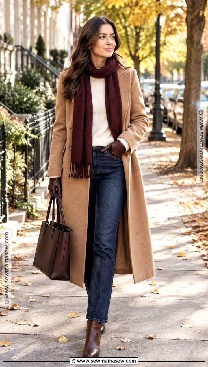 Fall Coat Outfit With Sweater Scarf And Jeans - 15 layering clothes for fall