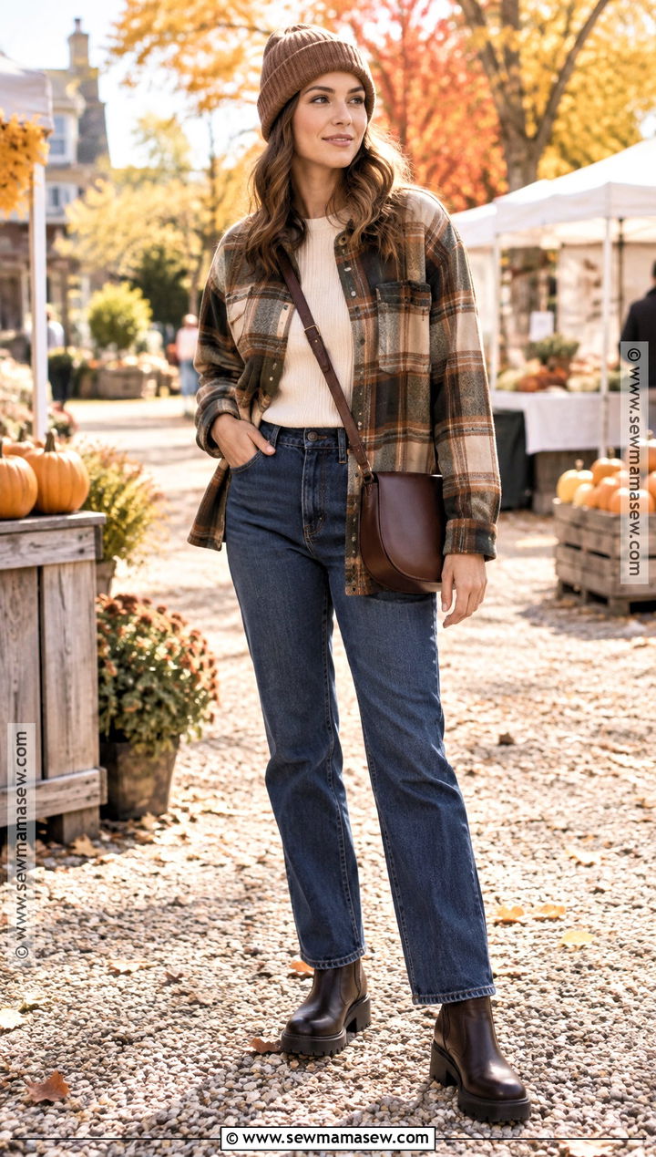Fall Cold Outfit With Plaid Shacket And Straight Jeans - 20 fall cold outfits